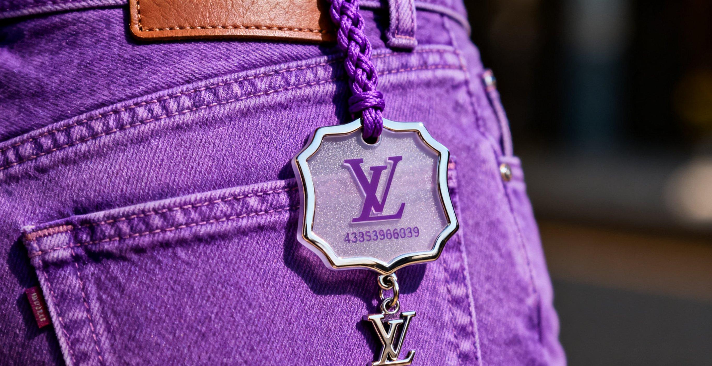 Purple jeans with tag displaying brand details